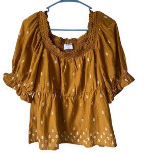 Old Navy Women Mustard Short Sleeve Smocked Peasant Blouse Embroidery  L
